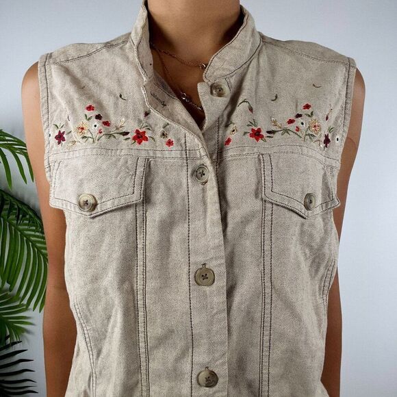 Vintage Y2K Tan Floral Cottagecore Granola Girl Button Up Vest Sleeveless Top /M - Picture 3 of 5